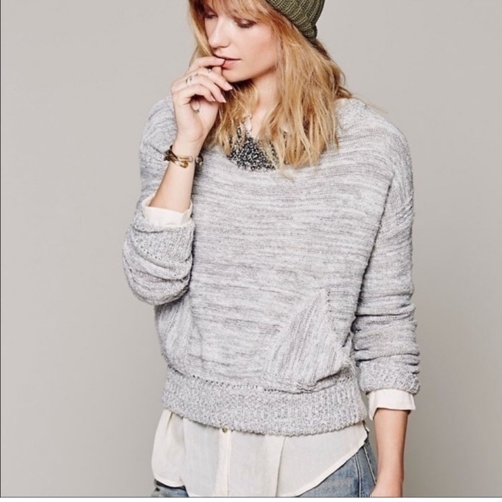 FREE PEOPLE Gray In My Pocket Knit Sweater Marled W/Pockets Pullover Wool Blend